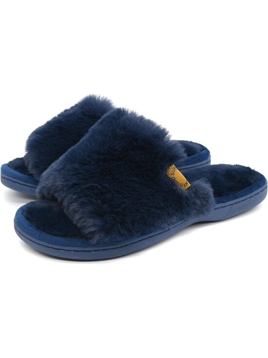 Shoes - Womens Navy Blue Indoor Memory Foam Soft Faux Fur Nonslip Open Toe Slipper Shoes